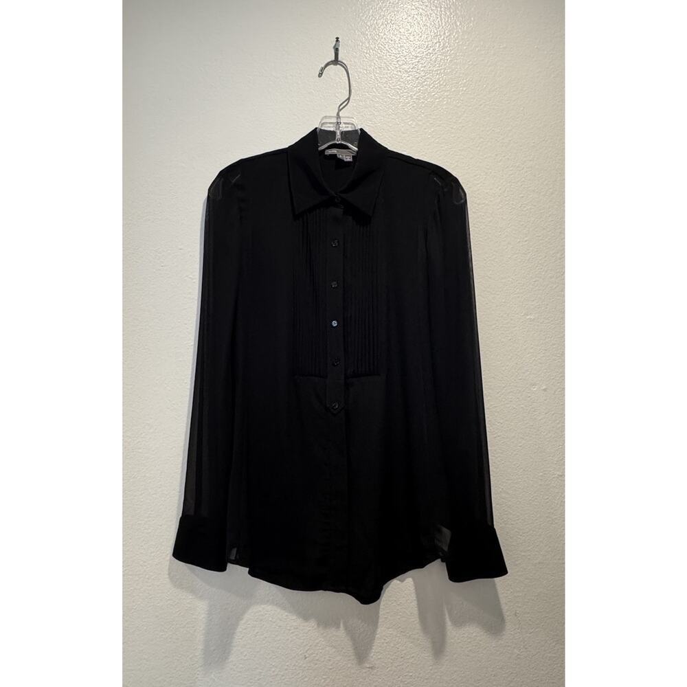 Vince Women’s Size 2 Black Tuxedo Sheer Panel Long Sleeve Blouse Silk Blend City